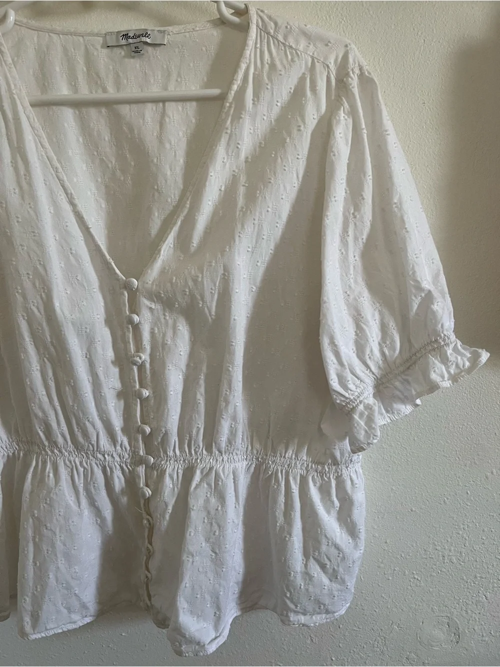Madewell White Eyelet Peplum Button-Up Blouse